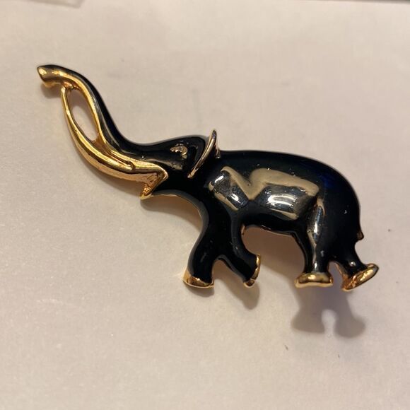 Black Enamel & Gold Whimsical Elephant Pin Brooch - Picture 3 of 9